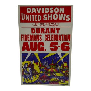 Circa 1960 Vintage "Davidson United Shows" Durant Fireman's Celebration Poster For Sale