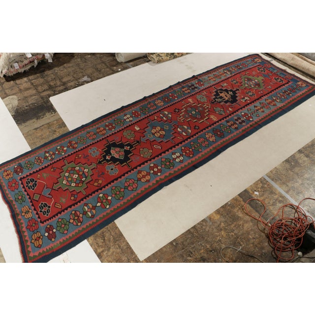 Tribal Antique Bidjar Kilim Rug in Red, Blue Tribal Geometric Pattern For Sale - Image 3 of 8