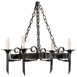 Vintage French Forged Iron Black Chandelier With Pierced Clover Motif Pattern