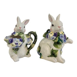 Late 20th Century Porcelain Bunny Rabbit Creamer and Sugar With Blue and Green Florals For Sale