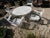 Beautiful maison jansen white wrought iron dining set, the backs of the chairs adorned with a knot. seats, backs,...