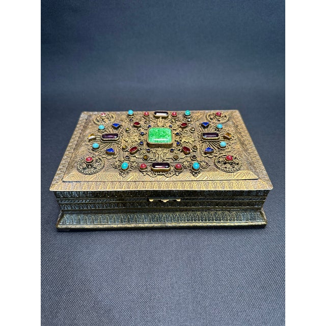 Vintage 1930's German gilt bronze jeweled dresser box, faceted semi-precious stones surrounded by intricate filigree and...