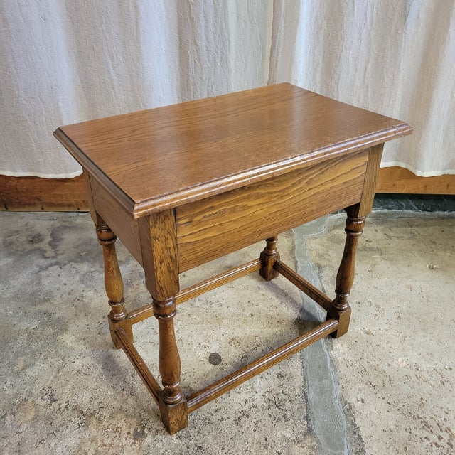 Late 20th Century English Golden Oak Turned Leg Side Table With Stretcher Base and Drawer For Sale - Image 11 of 11