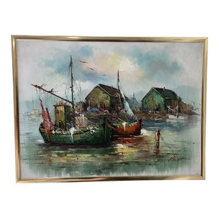 Original Mid 20th Century Painting on Canvas Fishing Harbor Scene Signed Framed For Sale