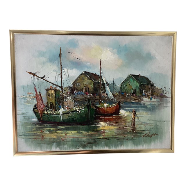 Original Mid 20th Century Painting on Canvas Fishing Harbor Scene Signed Framed For Sale