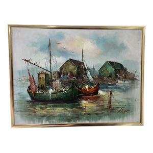 Original Mid 20th Century Painting on Canvas Fishing Harbor Scene Signed Framed