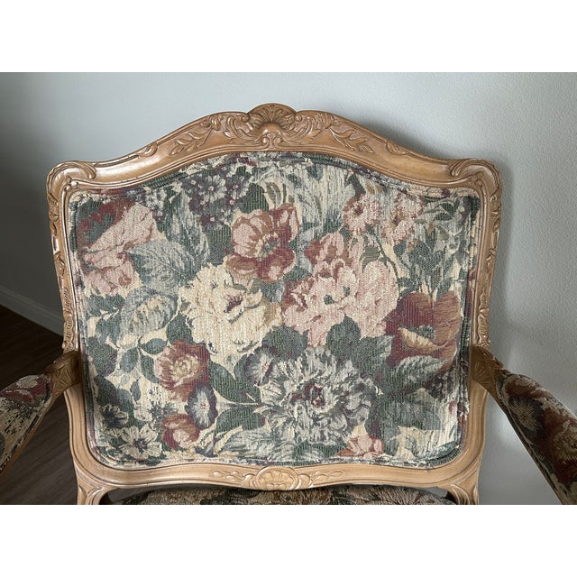 Wood 90's Vintage Style Floral Tapestry Arm Chair Set For Sale - Image 7 of 8