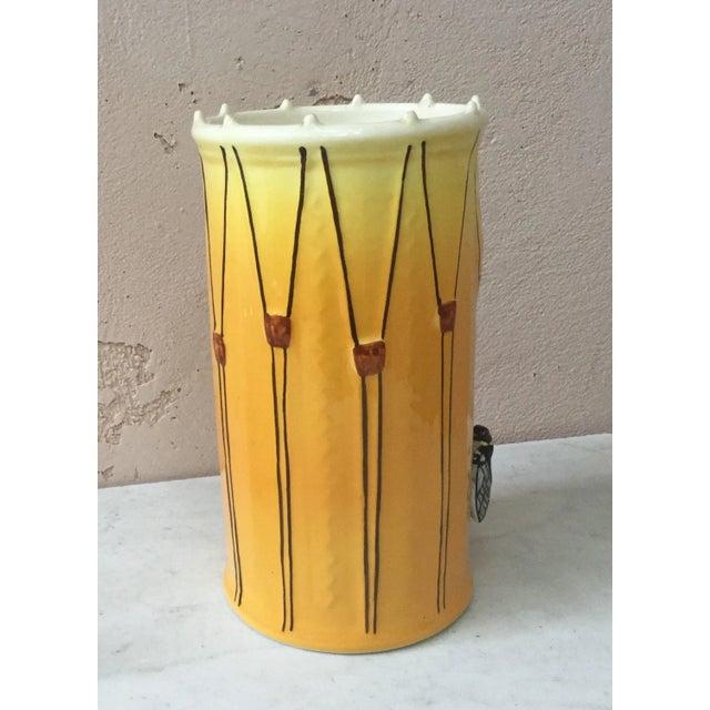 Sicart 1950s French Country Majolica Drum Vase With Cicadas Sicard For Sale - Image 4 of 7