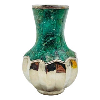 Vintage Emilia Castillo Silver & Malachite Vase, Mexican Silversmithing For Sale