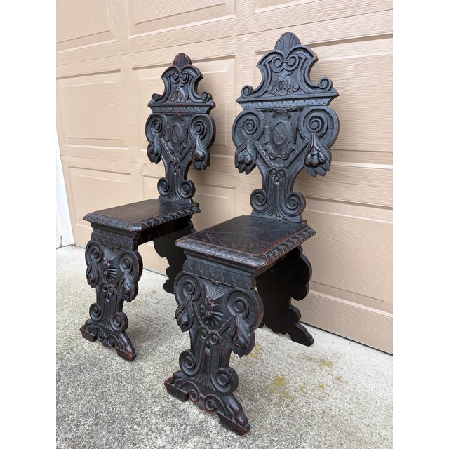 Pair of Italian Renaissance Revival Carved Walnut Hall Chairs For Sale - Image 4 of 14