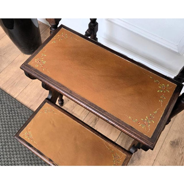 1950s Mid-Century Italian Carved Walnut Wood and Leather Folding Three-Step Library Ladder, 1950s For Sale - Image 5 of 8