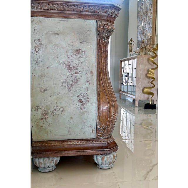 Wood French Bombe Chest | Distressed Painted Wood Dresser | Louis XV Style For Sale - Image 7 of 11