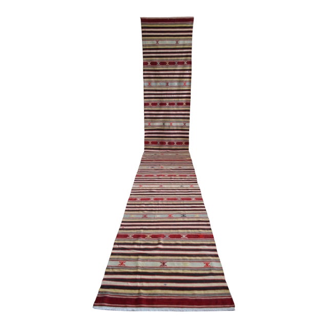 1940s Vintage Turkish Hand Woven Kilim Runner - 2′10″ × 19′3″ For Sale
