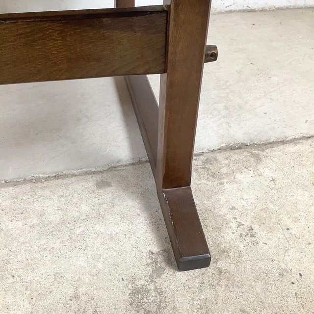Brown Vintage Studio-Made Square End Table With Cognac Leather Inset Top & Architectural Trestle Base, Mid-Century For Sale - Image 8 of 18