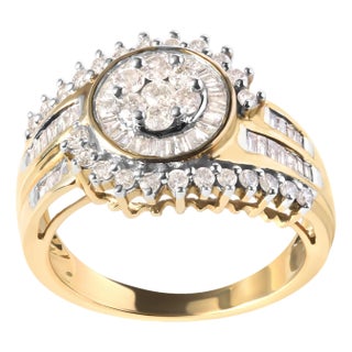 10K Yellow Gold 1 Cttw Round and Baguette cut Diamond Cluster Swirl Band Ring (H-I Color, I1-I2 Clarity) - Ring Size 7 For Sale