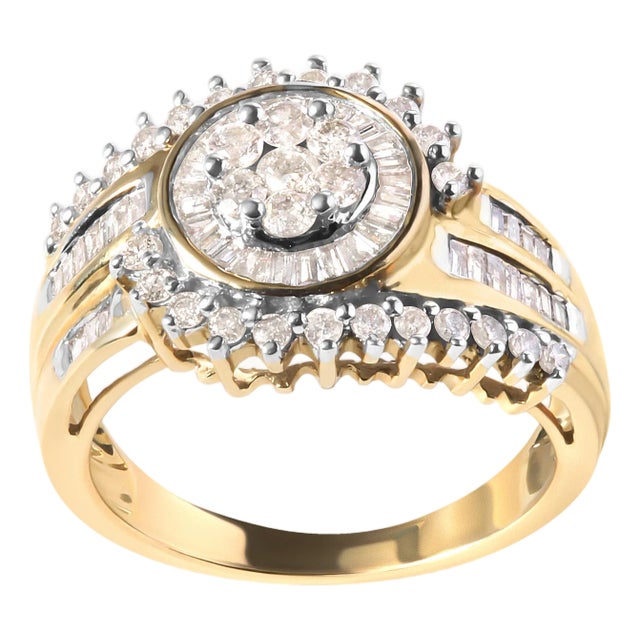 10K Yellow Gold 1 Cttw Round and Baguette cut Diamond Cluster Swirl Band Ring (H-I Color, I1-I2 Clarity) - Ring Size 7 For Sale