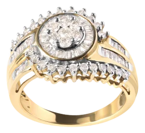 10K Yellow Gold 1 Cttw Round and Baguette cut Diamond Cluster Swirl Band Ring (H-I Color, I1-I2 Clarity) - Ring Size 7
