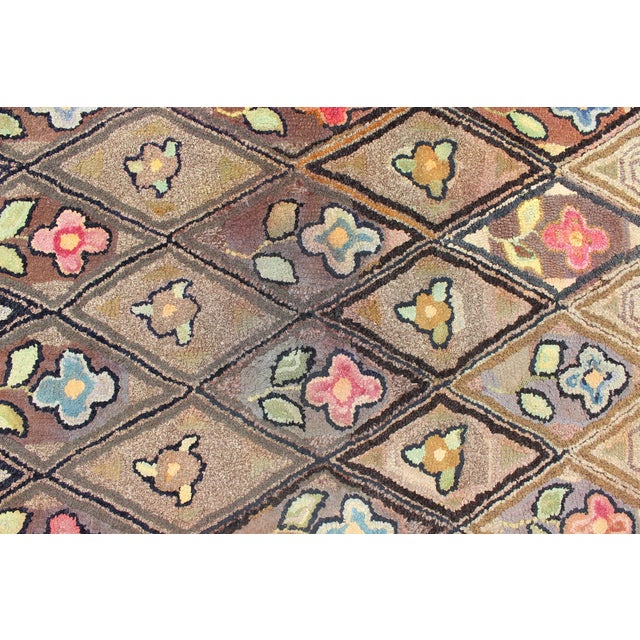 Brown Antique American Hooked Rug With Diamond Patchwork Floral Design 4'10"x8'6" For Sale - Image 8 of 10