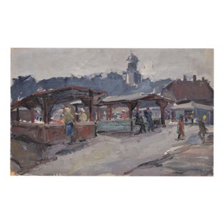Laimonis Bubieris, Market in Jelgava. 1960s, 1960s, Oil on Cardboard For Sale