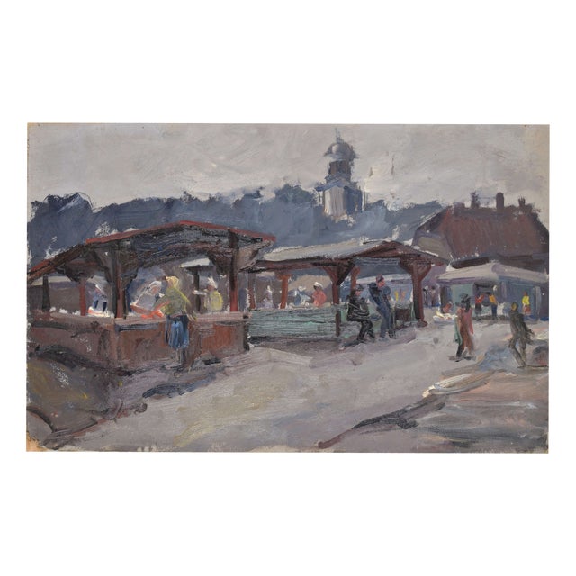 Laimonis Bubieris, Market in Jelgava. 1960s, 1960s, Oil on Cardboard For Sale