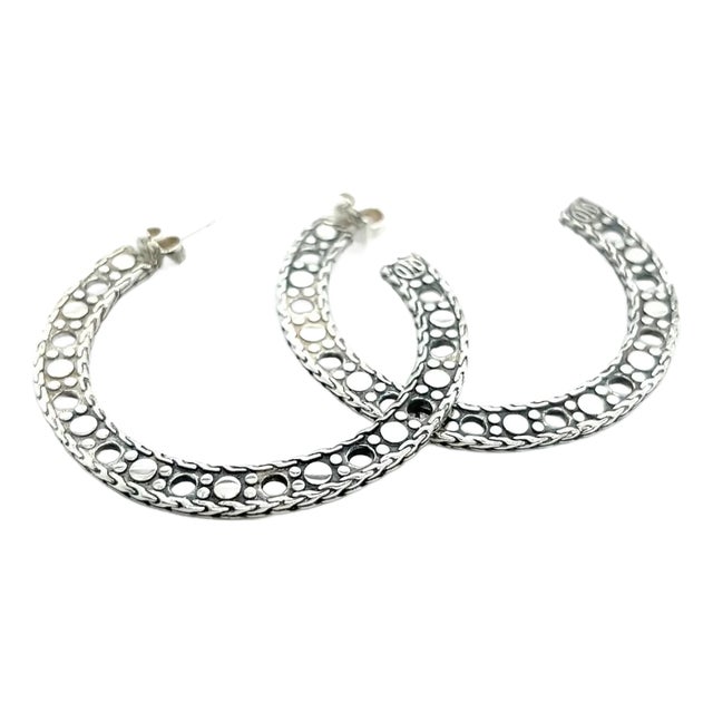 1990s John Hardy Estate Dot Flat Hoop Earrings 1.95" Sterling Silver, 2 pieces For Sale