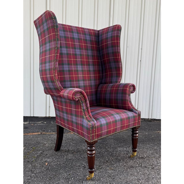 English 1990s Attributed to Ralph Lauren Plaid Wingback Style Chair For Sale - Image 3 of 7