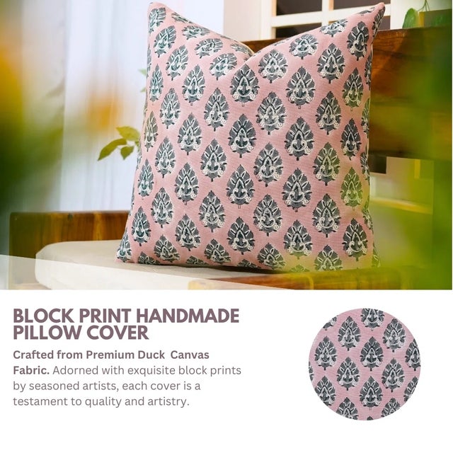 The Betal Leaf cushion cover features an elegant hand block printed motif inspired by the iconic shape of the betel leaf,...