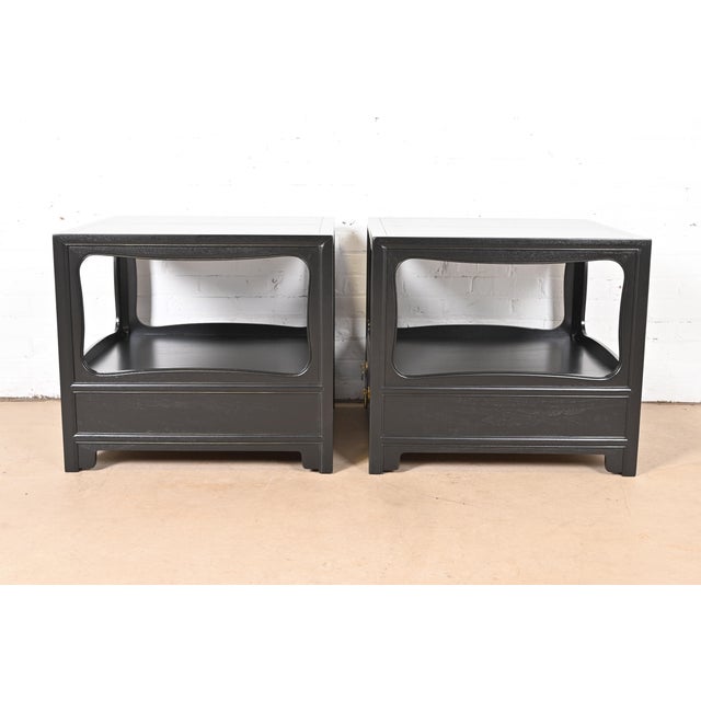 Michael Taylor for Baker Far East Collection Black Lacquered Nightstands or End Tables, Newly Refinished For Sale - Image 11 of 12