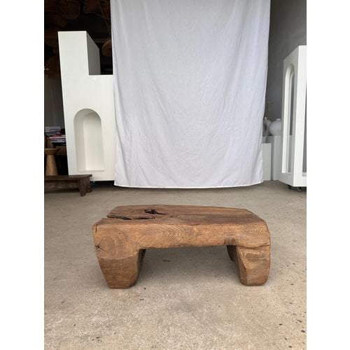 Wood Stool in Raw Organic Monoxyl Asian Teak with Openwork Base For Sale - Image 7 of 18