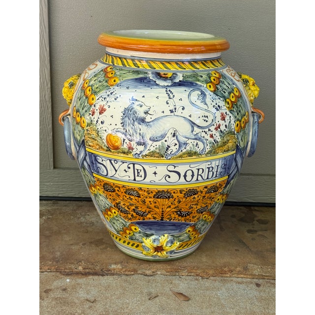 Large 21” Hand-Painted Majolica-Style Floor Urn With Lion Head Ring Handles For Sale In Greenville, SC - Image 6 of 14