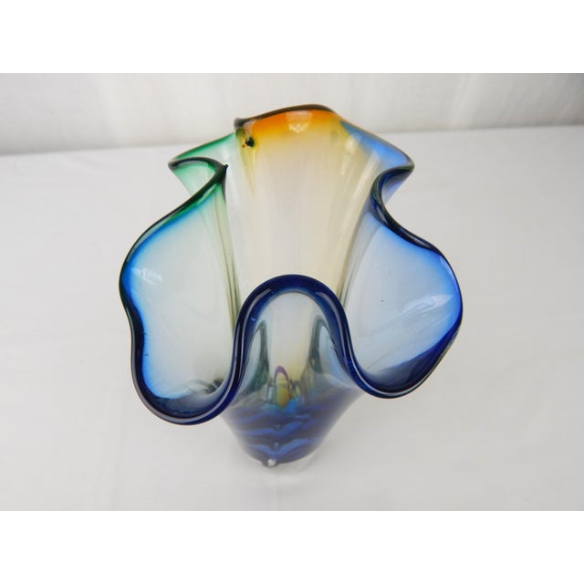 1990s Modern Tri-Color Ruffled Art Glass Vase, Signed For Sale - Image 10 of 12