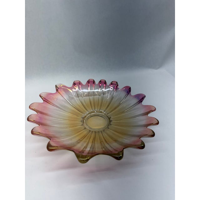 Vintage Art Deco Style Iridescent Ruffled Amber & Magenta Glass Bowl For Sale - Image 4 of 5