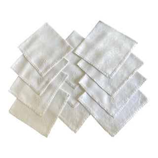 1940s White Linen Damask Dinner Napkins - Set of 11 For Sale