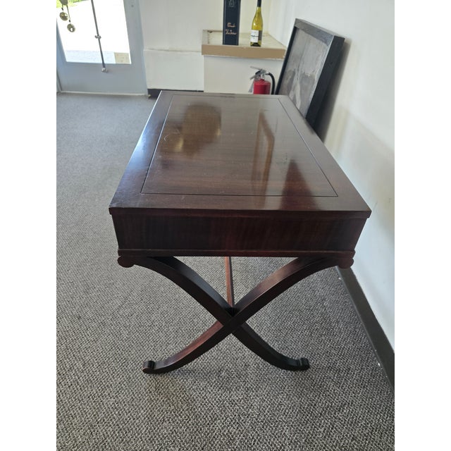 Barbara Barry for Baker side table. Dark polished mahogany wood. This table has curved legs and a draw.