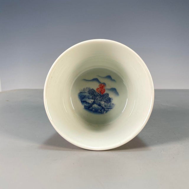 Vintage Blue & White Underglaze Red Porcelain Teacup – Landscape Scene, Qianlong Mark For Sale - Image 9 of 9