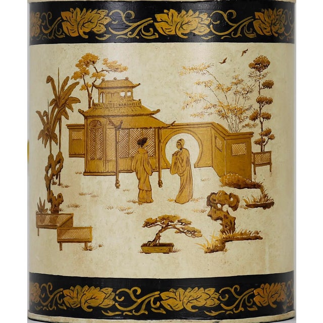 Art Deco A Pair English Export Hexagonal Tea Caddy Hand-Painted Chinoiserie Landscape Table Lamp For Sale - Image 3 of 9