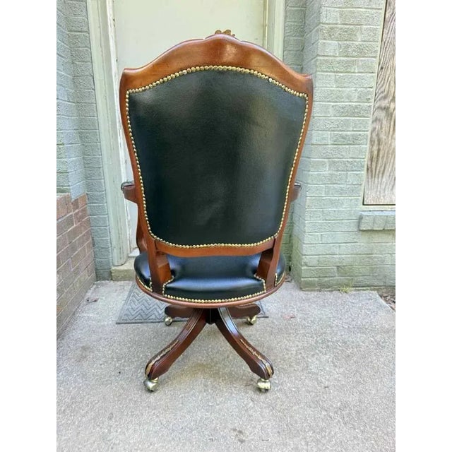 Wood 20th Century Vintage French Louis XV Style Brass Nail Studded Upholstered Vinyl Executive Office Chair For Sale - Image 7 of 15