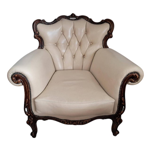 Vintage Baroque Louis XV Buttoned Leather Chesterfield Armchair, 1980s For Sale