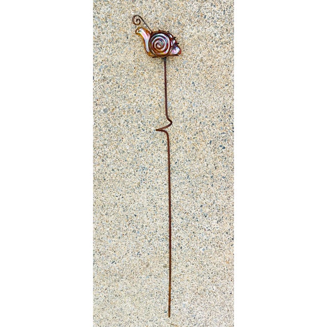 Carnival Glass Iridescent 7” Amber Glass Snail W Copper Wire Vintage on 40” Garden Stake For Sale - Image 4 of 4