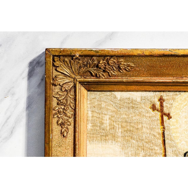 Stunning Antique 19th Century Saint Dominic Needlework Embroidery Victorian Catholic Religious Textile in Gilt Frame Wall Home Decor Art For Sale - Image 11 of 14