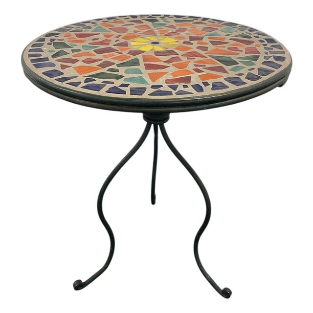 Vintage Mosaic Tile Bistro Side Table With Wrought Iron Base For Sale