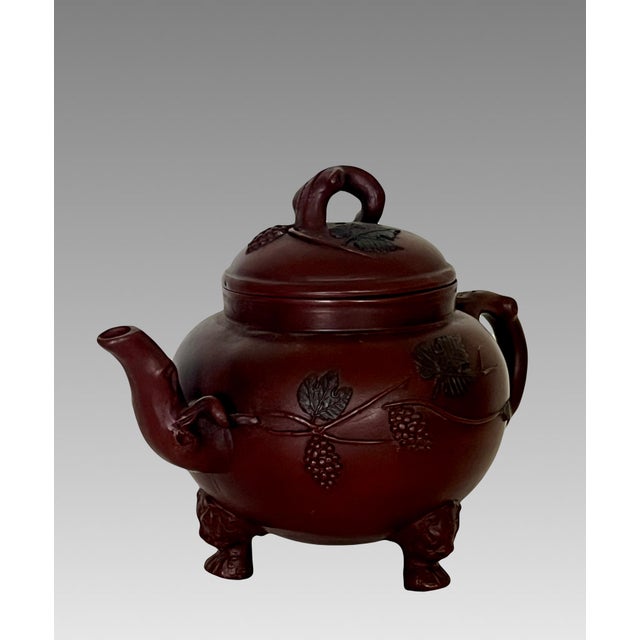 Chinoiserie Mid 20th Century Chinese Grape and Vine Yixing Zisha Unglazed Teapot With Lion Face Legs, Artist Signed and Chopped For Sale - Image 3 of 13