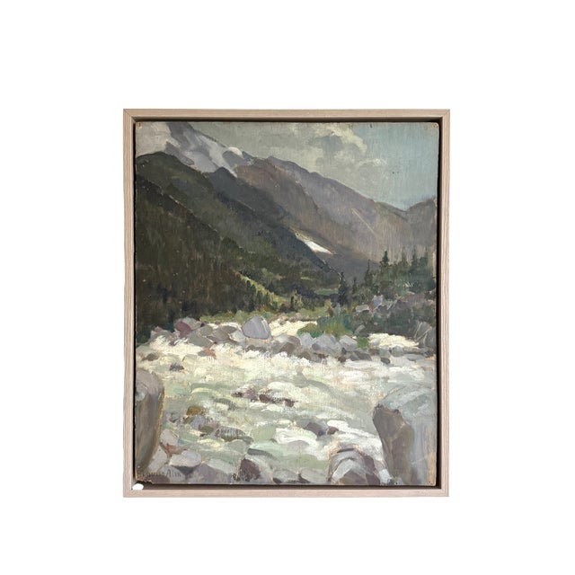 Wood 1950s French Mountain Landscape Oil Painting Floating in Frame For Sale - Image 7 of 8