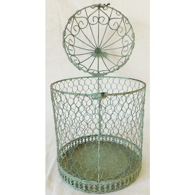 American Small Vintage Ornate Green Metal Mesh Dome Shaped Figural Bird Cage For Sale - Image 3 of 9