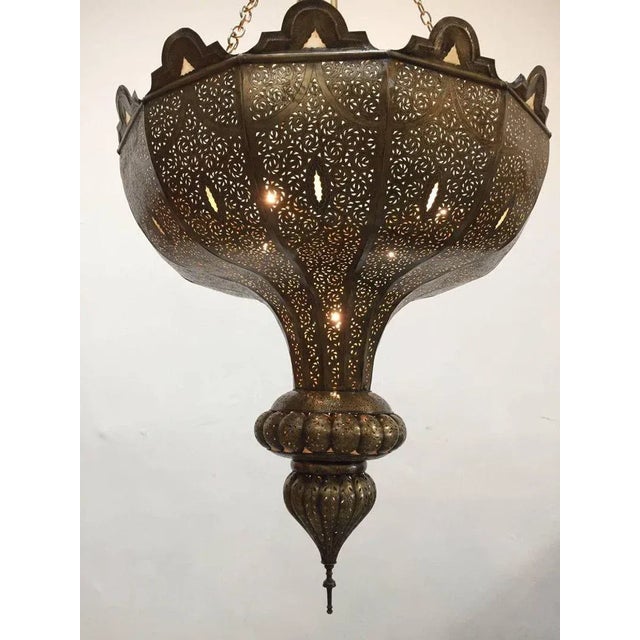Large Moroccan Moorish Pierced-Brass Chandelier With Glass Insets, Circa 1960 For Sale - Image 4 of 13