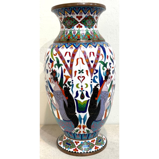 Metal Pair of Chinese Cloisonné Vases with Egyptian Revival Motifs, Later 20th Century For Sale - Image 7 of 18