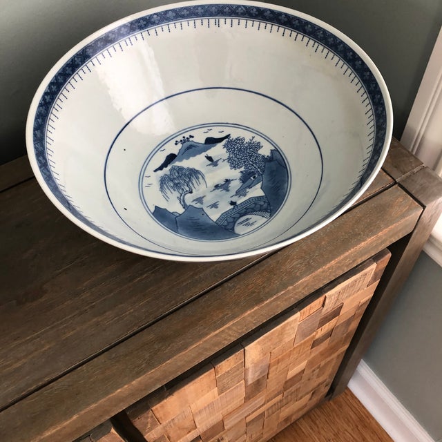 1990s Large Vintage Chinoiserie Blue and White Bowls a Pair For Sale - Image 5 of 12