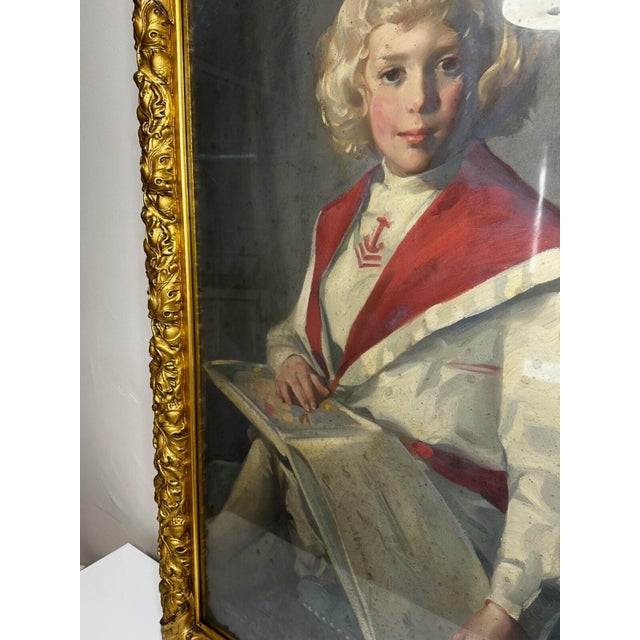 Wood Oil Portrait of a Girl in Red & White Dress Reading Story, Circa 1914 — Signed by David Alison r.s.a. (Scottish, 1882–1955) Gilt Framed For Sale - Image 7 of 18