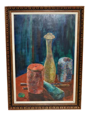 Vintage Framed Oil on Board Painting of Three Clay Vessels Marked by Artist 1950