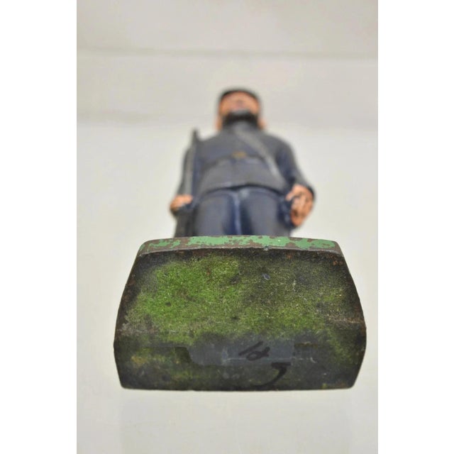 Blue Antique Victorian Cast Iron Figural Painted Military War Soldier Door Stop A For Sale - Image 8 of 10